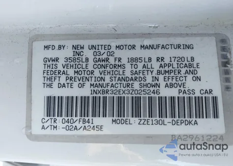 2003 Toyota Corolla Ce from USA, damaged, VIN 1NXBR32EX3Z025246
